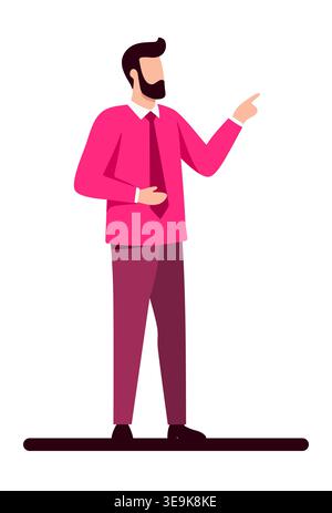 Une illustration moderne de conception plate d'un homme barbu professionnel dans une chemise rose vibrante et cravate, pointant en toute confiance son doigt vers la droite. Illustration de Vecteur