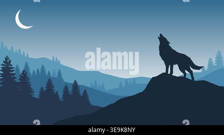 Illustration vectorielle d'un loup majestueux hurlant sur un pic rocheux sous un croissant de lune dans un paysage de forêt de montagne bleu serein. Illustration de Vecteur
