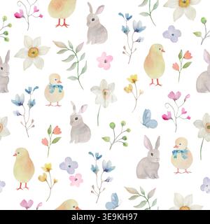 Aquarelle Pâques motif sans couture avec des lapins mignons, des poussins jaunes et des fleurs de printemps. Impression Botanical Repeat pour textile de pépinière et papier peint. Illustration de Vecteur