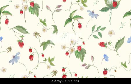 Motif aquarelle sans couture avec fraises sauvages, fleurs blanches et feuilles vertes. Imprimé Botanical Berry répété pour le textile d'été et le papier peint. Illustration de Vecteur