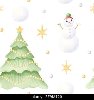 Aquarelle arbres de Noël et bonhommes de neige dans des chapeaux verts rouges avec étoiles jaunes motif simple sans couture sur blanc. Personnages hivernaux drôles dessinés à la main Banque D'Images