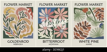 Affiches de marché aux fleurs rétro avec des fleurs d'état Illustration de Vecteur