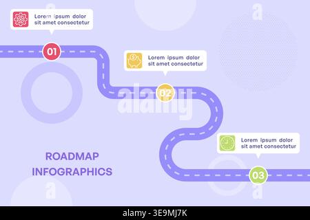 Chemin de feuille de route en zigzag en trois étapes avec icônes circulaires sur fond clair Illustration de Vecteur