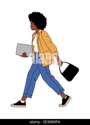 Femme noire marche en toute confiance avec ordinateur portable et sac Illustration de Vecteur