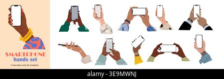Ensemble de diverses mains humaines tenant des smartphones Illustration de Vecteur
