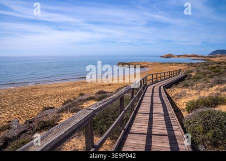 Une longue promenade en bois serpente vers la plage de sable doré de Calblanque, Murcie. La mer Méditerranée bleue rencontre le rivage sablonneux dans un environnement sauvage et prot Banque D'Images