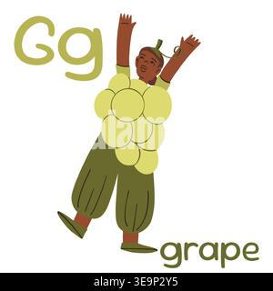 Homme sauteur dans un costume de raisin vert, lettre G Flashcard, apprentissage de l'anglais Illustration de Vecteur