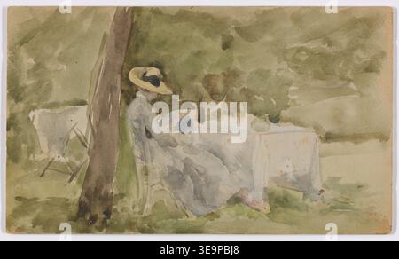 James McNeill Whistler (1834-1903) crée Breakfast in the Garden (1885-1886), une scène qui capture l'élégance de la vie en plein air victorienne. Le tableau présente un moment de loisir, mettant en valeur l'utilisation exceptionnelle de la lumière et de la couleur par Whistler pour représenter un environnement domestique et naturel. Les archives photographiques préservent cette paisible scène de jardin de la fin de la carrière de Whistler. Banque D'Images