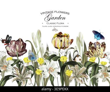 Bordures horizontales de couturières avec tulipes en fleurs, lis, fleurs de gypsophila. Illustration botanique florale, style vintage, dessiné à la main. Banque D'Images