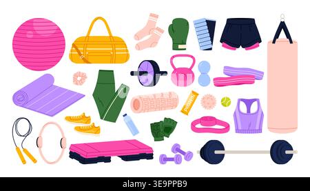 Collection colorée d'outils de sport avec haltères, tapis de yoga, sac de gymnastique, gants de boxe, corde à sauter, plate-forme d'étape, kettlebell et sac de poinçonnage isolés sur l'illustration vectorielle de fond blanc Illustration de Vecteur