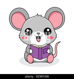 Mignon petit personnage de souris lisant un livre de conte violet avec une illustration de sourire heureux Illustration de Vecteur