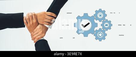 Les mains tremblent en partenariat, symbolisant la collaboration et l’intégration de la technologie et de l’IA. Cette image représente les stratégies commerciales modernes pour Banque D'Images