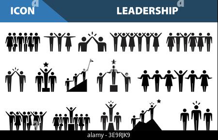 Ensemble d'icônes de leadership et de travail d'équipe, leadership des gens d'affaires, succès, silhouettes de collaboration d'équipe Illustration de Vecteur