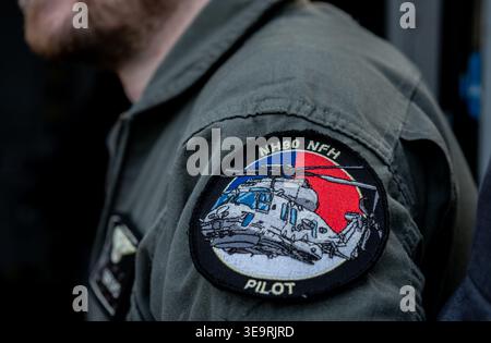 Un patch d'équipage NH90 NFH de la Royal Netherlands Navy ( NATO Frigate Helicopter ) au salon aéronautique de Cosford de la RAF 2025. Crédit JTW Aviation images / Alamy Banque D'Images