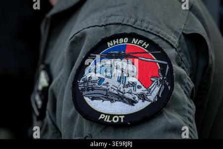 Un patch d'équipage NH90 NFH de la Royal Netherlands Navy ( NATO Frigate Helicopter ) au salon aéronautique de Cosford de la RAF 2025. Crédit JTW Aviation images / Alamy Banque D'Images