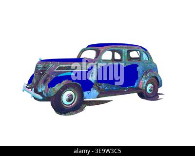 1937 vieille voiture bleue ford sans fenêtres est un junker. La peinture ajoutée sous forme abstraite montre la vieille automobile avec des pneus à plat a besoin de plus de peinture pour l'affichage. Banque D'Images