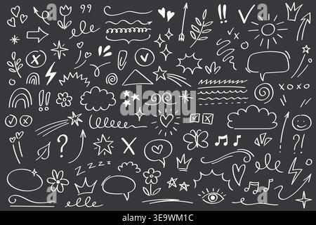 Doodle dessiné à la main dans le style de craie blanche sur fond sombre. Collection d'éléments esquissés, y compris les flèches coeurs étoiles bulles de parole lignes icônes Illustration de Vecteur
