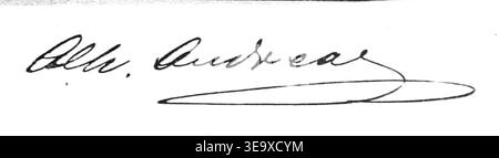 Alhard Ludwig Ferdinand Andreae (1861-1916) était un éminent banquier de Francfort et membre d'une riche famille huguenot. Il était le fils aîné d'Achille Andreae, un banquier notable de Francfort. Alhard a joué un rôle déterminant dans la transformation de la société bancaire Miller & Andreae en une société en 1889. Il est décédé en 1916 à l'âge de 54 ans après une longue maladie. Cette photographie d'archives capture sa signature et est une reproduction historique datant d'environ 1900. Banque D'Images