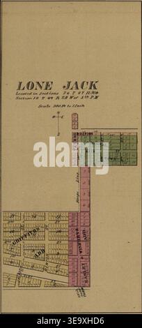 Le plat de Lone Jack, Missouri, du livre plat du comté de Jackson de 1877, conservé par la State Historical Society of Missouri. La carte donne un aperçu détaillé de la configuration de la ville, reflétant l'organisation géographique de la région à la fin du XIXe siècle. Banque D'Images