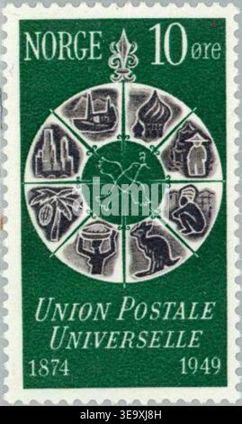 Ce timbre norvégien de 1949, émis pour célébrer le 75ème anniversaire de l'Union postale universelle (UPU), représente des symboles de 8 pays du monde entier, soulignant la coopération internationale dans les services postaux. Banque D'Images
