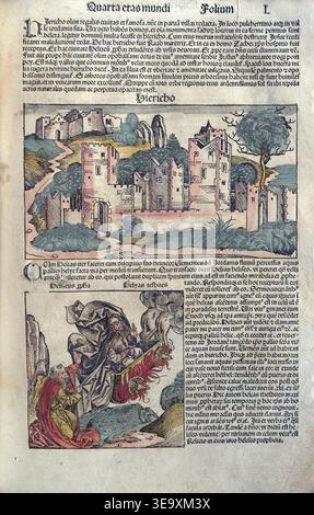 *La chronique de Nuremberg* (1493) de Hartmann Schedel offre un portrait de Jéricho, l'une des plus anciennes villes du monde, vu à travers un prisme biblique et historique. La page illustrée met en lumière les racines anciennes de la ville et son rôle dans l’histoire religieuse. Cette photographie d'archive met en valeur un visuel clé de l'œuvre imprimée originale. Banque D'Images