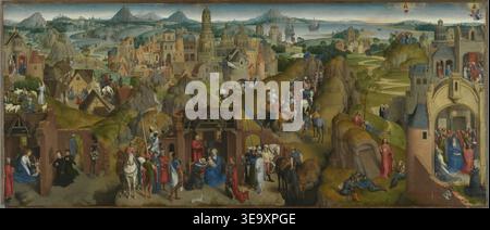 Hans Memling (c. 1430–1494), peintre flamand de renom, créa *Die Sieben Freuden Mariens* (les sept joies de Marie) dans les années 1480 Ce triptyque religieux illustre des scènes de la vie de la Vierge Marie, y compris l'Annonciation, l'Adoration des Mages et la Résurrection de Jésus. Le tirage photographique d'archives capture les détails complexes et le symbolisme religieux de ce chef-d'œuvre médiéval tardif. Banque D'Images