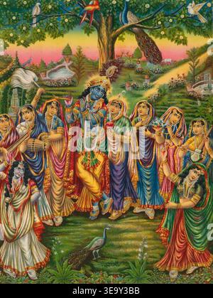 RadhaKrishna (mythologique) est un couple de divinité hindoue associé à la dévotion et à l'amour. Le tirage photographique d'archives reproduit une lithographie en couleur d'environ 1895 montrant Krishna dansant avec les gopis sous un arbre kadamba à Vrindavana. Banque D'Images