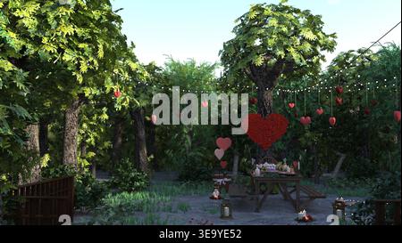 Jardin verdoyant pour le romantisme, avec une table en bois sous les arbres ornée de décorations de coeur rouge et de guirlandes lumineuses. Valentines, weddin Banque D'Images