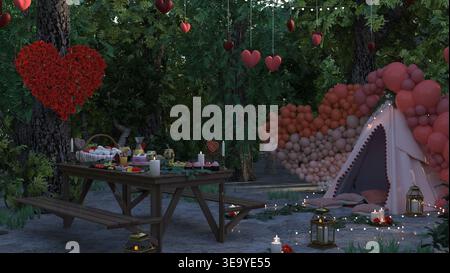 Jardin verdoyant pour le romantisme, avec une table en bois sous les arbres ornée de décorations de coeur rouge et de guirlandes lumineuses. Valentines, weddin Banque D'Images