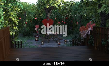 Jardin verdoyant pour le romantisme, avec une table en bois sous les arbres ornée de décorations de coeur rouge et de guirlandes lumineuses. Valentines, weddin Banque D'Images