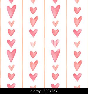 Aquarelle valentine motif rayé sans couture avec des coeurs roses. Joli fond romantique dessiné à la main vintage pour textile, papier Banque D'Images