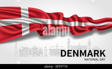 Salutation de la fête nationale du Danemark avec drapeau agitant et horizon de Copenhague Illustration de Vecteur