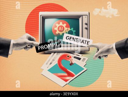 Collage de style rétro avec un moniteur vintage avec des engrenages ai, mains tenant des étiquettes « PROMPT » et « GENERATE », et photos instantanées d'un flamant rose. Co Banque D'Images