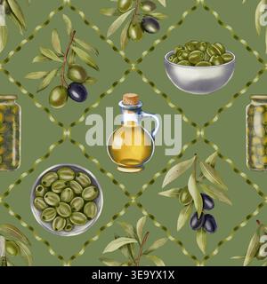 Motif aquarelle sans couture avec des bouteilles d'huile d'olive, des bols avec des olives, des branches et des cruches. Illustration alimentaire. Idéal pour la conception textile, emballage, kit Banque D'Images