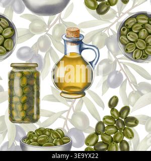 Motif aquarelle sans couture avec des bouteilles d'huile d'olive, des bols avec des olives, des branches et des cruches. Illustration alimentaire. Idéal pour la conception textile, emballage, kit Banque D'Images