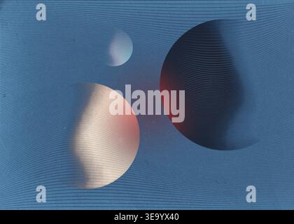 Fond vintage abstrait avec des orbes circulaires incandescents et des lignes horizontales ondulées. Présente une palette bleu foncé avec des dégradés rouges et crème doux et un Banque D'Images