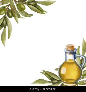 Cadre aquarelle dessiné à la main avec des olives vertes et noires et des branches. Branches d'olivier, feuilles et fruits. Couronne ronde de branches d'olivier. Pour le menu, pac Banque D'Images