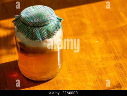 Thé kombucha fermenté dans un pot en verre avec scoby sur fond en bois rustique Banque D'Images