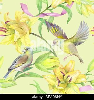 Motif sans couture des lis jaunes avec ruban rose et oiseaux sur un fond jaune clair. Illustration d'aquarelle faite à la main. Pour la conception d'emballage Banque D'Images