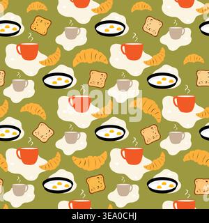Modèle de petit déjeuner avec des œufs frits, des toasts, des croissants et des tasses à café sur le vecteur de fond d'olive Illustration de Vecteur