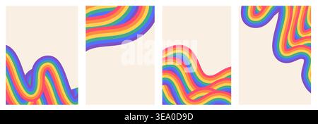 Modèles d'affiche Retro Pride ensemble avec des vagues d'arc-en-ciel liquides psychédéliques. Collection de fond abstraite LGBTQ minimaliste, art au trait organique ondulé des années 70 pour Illustration de Vecteur