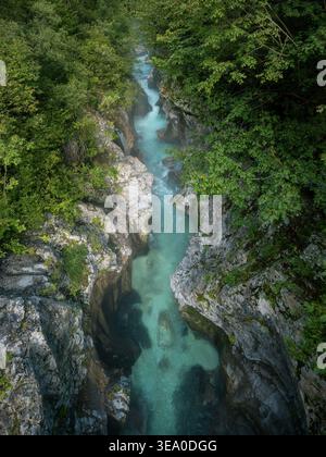 Vue aérienne de la rivière Soča se fraie un chemin à travers une gorge, ses eaux turquoises contrastant avec la forêt verdoyante et les berges rocheuses, Soča, Tolmin, Banque D'Images