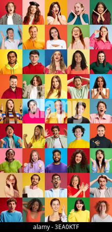 De grandes personnes diverses font face à un collage avec des arrière-plans colorés lumineux. Concept de diversité humaine, gamme d'expression émotionnelle Banque D'Images