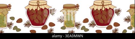 Bordure sans couture avec des pots de confiture de cône de pin sur fond blanc. Ruban avec bouteilles en verre de Ruby Red Mugolio et sirop doré. Lavage horizontal botanique Illustration de Vecteur