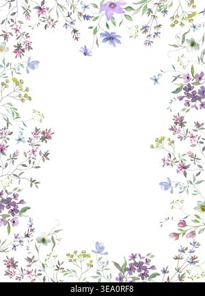 Cadre floral aquarelle avec fleurs sauvages, fleurs de prairie sauvages, feuilles vertes. Bordure botanique peinte à la main isolée sur fond blanc. Vecteur EPS. Illustration de Vecteur