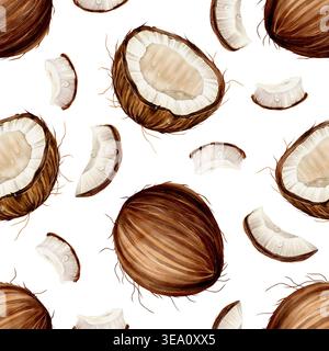 Motif sans couture de noix de coco dessiné dans un style aquarelle avec des morceaux de fruits entiers et tranchés, répétant la conception de nourriture tropicale pour l'emballage, le textile, l'emballage, le papier peint et l'utilisation de décor de cuisine Banque D'Images