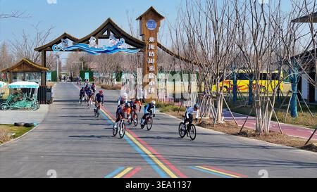 (260420) -- NANJING, 20 avril 2026 (Xinhua) -- des gens montent à vélo dans la ville sportive de Zhuhai dans la ville de Wangguanji de Suqian, dans la province du Jiangsu de l'est de la Chine, 16 mars 2025. La ville sportive est un projet d'éco-tourisme construit sur la restauration de l'environnement aquatique local. En 2020, un projet global d'amélioration de l'environnement aquatique a été lancé à Zhuhai pour s'attaquer au problème des eaux résiduelles de l'aquaculture, reliant le réseau d'eau local et transformant l'eau stagnante en eau courante. Ces dernières années, Jiangsu a donné la priorité à la conservation éco-environnementale et à la poursuite du développement vert. En intégrant écologique Banque D'Images