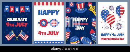 Cartes de jour de l'indépendance des États-Unis. Salutation de vacances, couleurs du drapeau américain, le 4 juillet, célébration nationale avec des ballons de feu d'artifice et des icônes festives Illustration de Vecteur