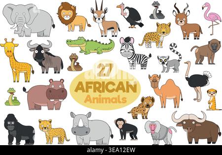 Ensemble de 27 animaux africains dans le style dessin animé illustration vectorielle Illustration de Vecteur