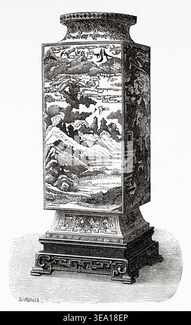 Vases en porcelaine émaillée, de la dynastie chinoise Ming, Chine. Dessin de Benoit Bonnafoux (1823-1885) Pékin et la Chine du Nord, 1873 de T Choutze pseudonyme de Gabriel Deveria (1844-1899) le Tour du monde 1876 Banque D'Images